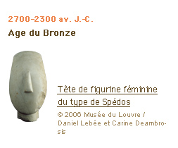 2700-2300 av. J.-C. Age du Bronze Tête de figurine féminine du type de Spédos
(c)2006 Musée du Louvre / Daniel Lebée et Carine Deambrosis