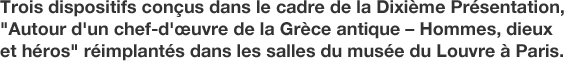 Trois dispositifs conçus dans le cadre de la Dixième Présentation, "Autour d'un chef-d'œuvre de la Grèce antique – Hommes, dieux et héros" réimplantés dans les salles du musée du Louvre à Paris.